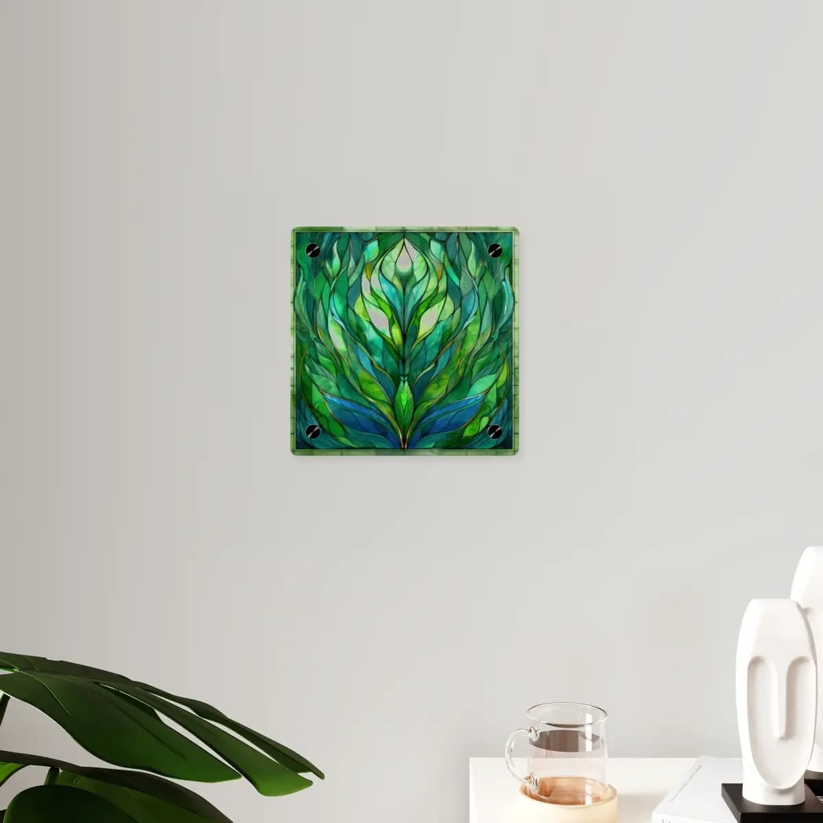 Emerald Stained Glass Botanical Unfurling - Acrylic Wall Art Panels mockup angle 3
