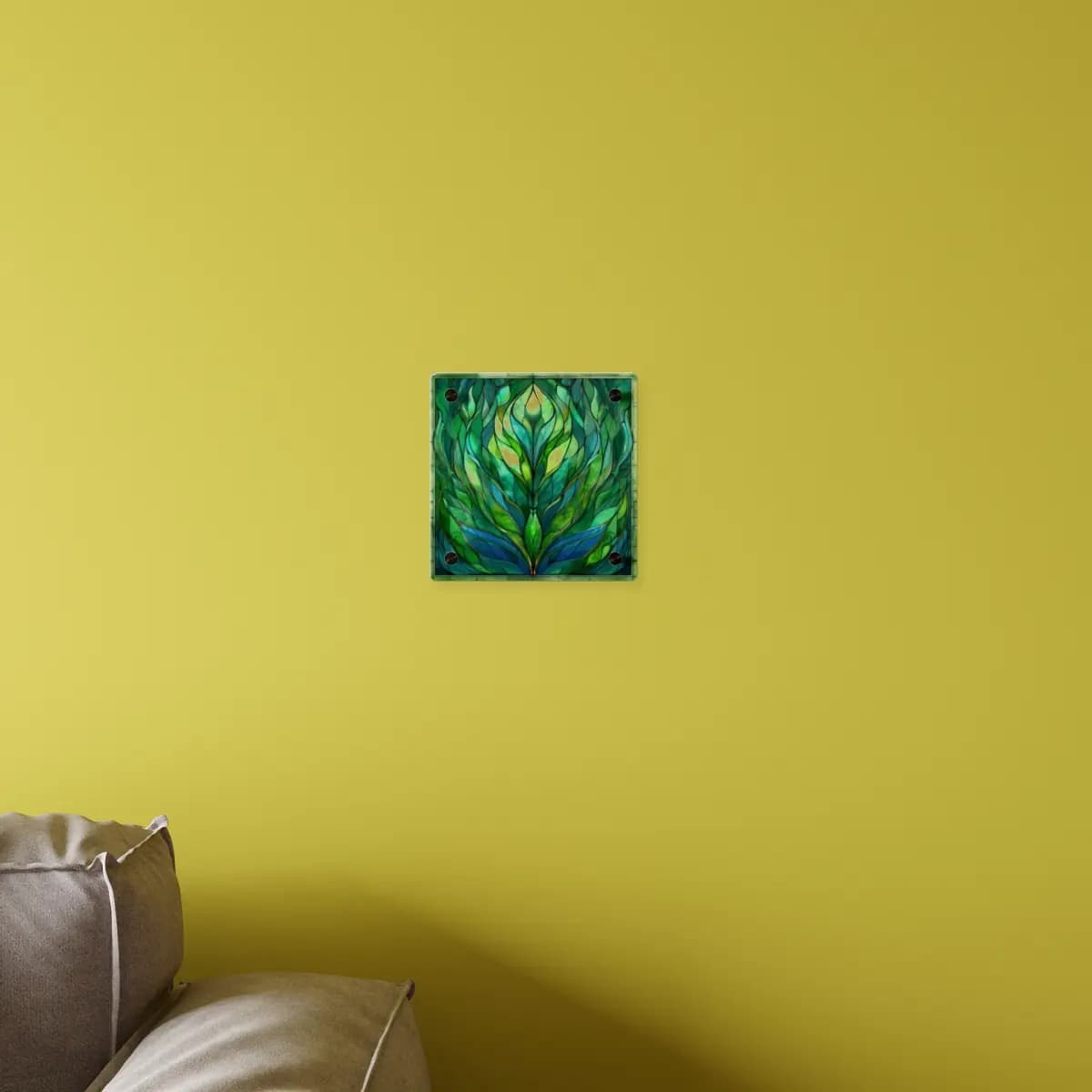 Emerald Stained Glass Botanical Unfurling - Acrylic Wall Art Panels mockup angle 4