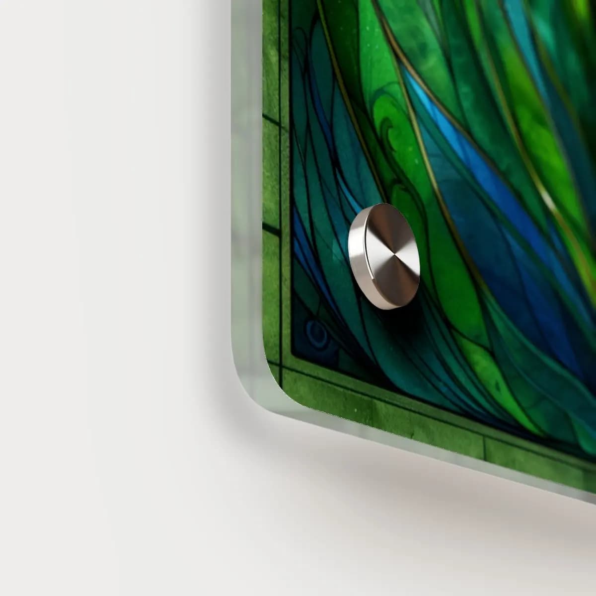 Emerald Stained Glass Botanical Unfurling - Acrylic Wall Art Panels mockup angle 5