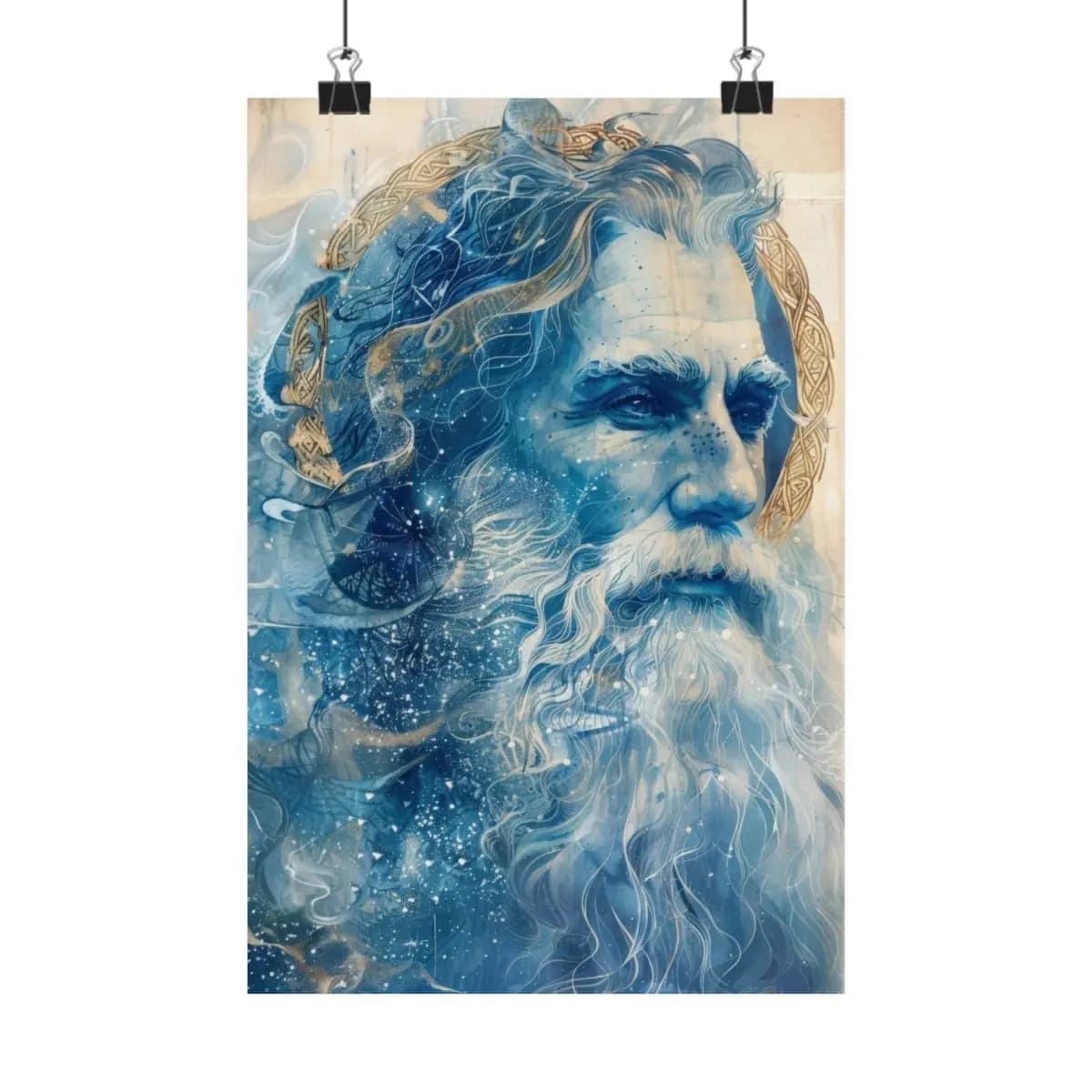 Ancient Sage with Golden Celtic Halos and Cosmic Blue - Matte Vertical Posters mockup angle 1