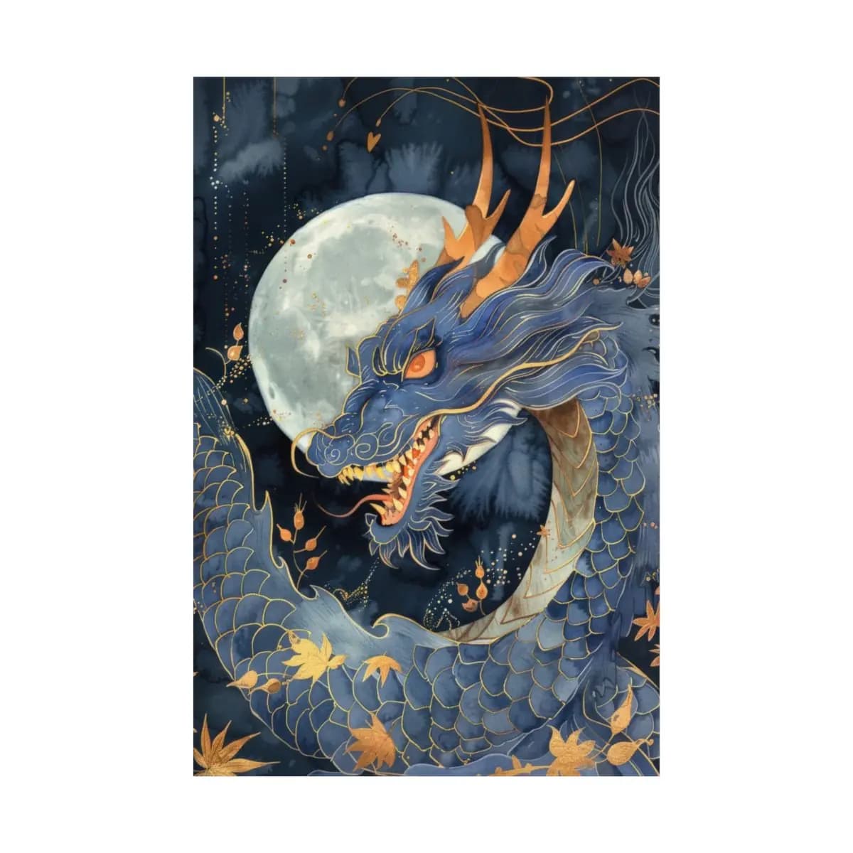 Blue Celestial Dragon Beneath the Full Moon - Matte Vertical Posters mockup angle 2