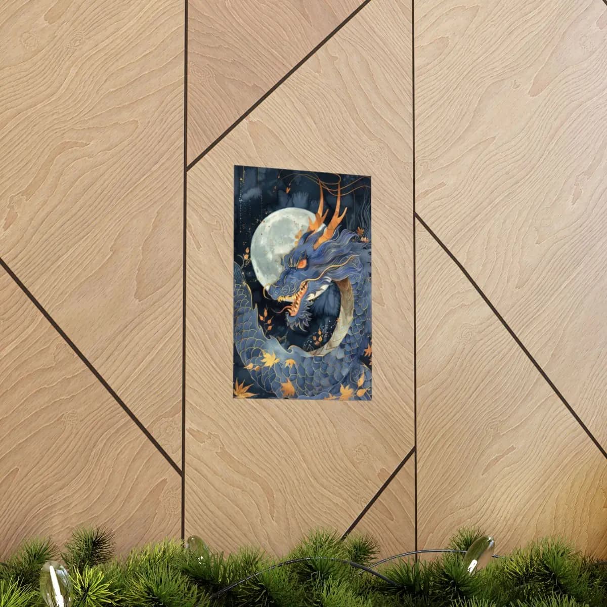 Blue Celestial Dragon Beneath the Full Moon - Matte Vertical Posters mockup angle 5