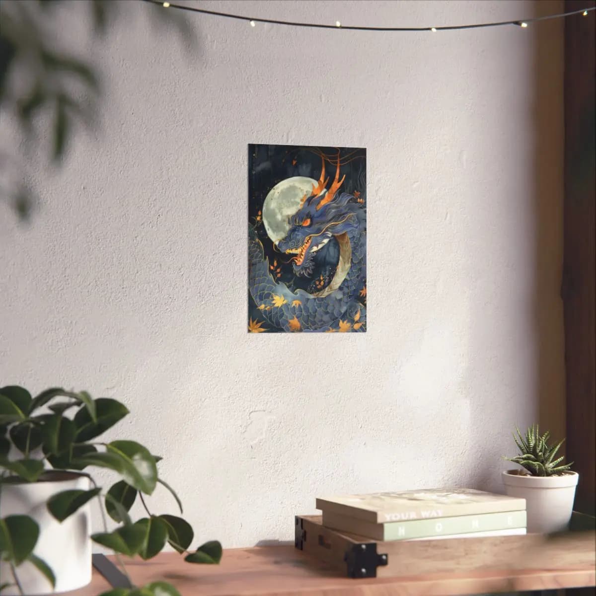 Blue Celestial Dragon Beneath the Full Moon - Matte Vertical Posters mockup angle 6