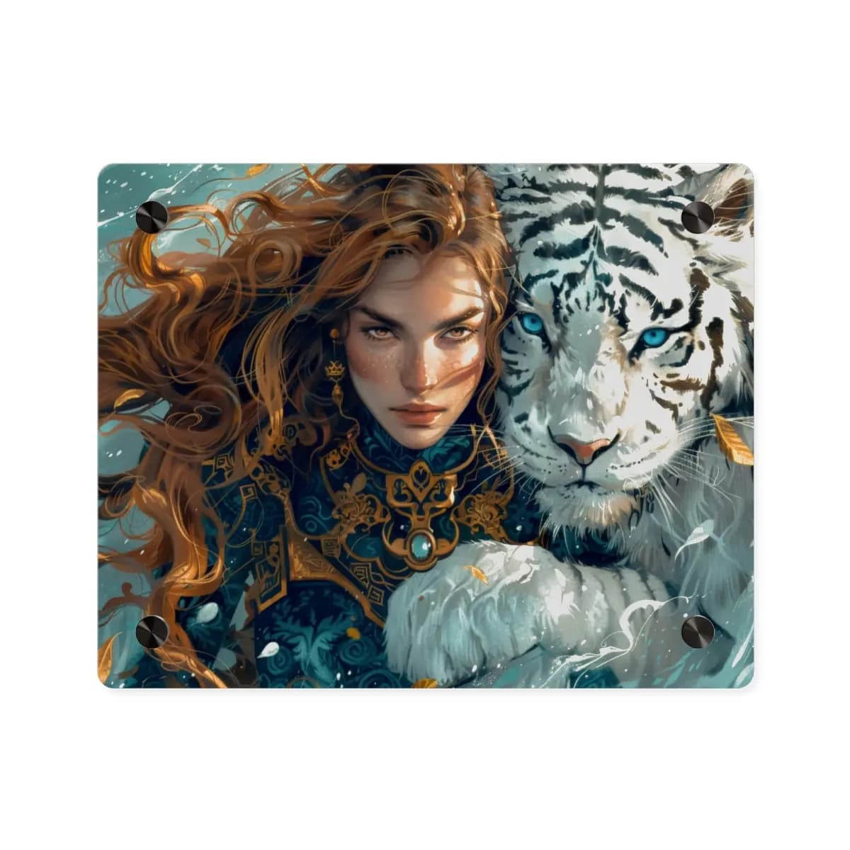 Warrior Woman and White Tiger with Ice-Blue Eyes - Acrylic Wall Art Panels mockup angle 1