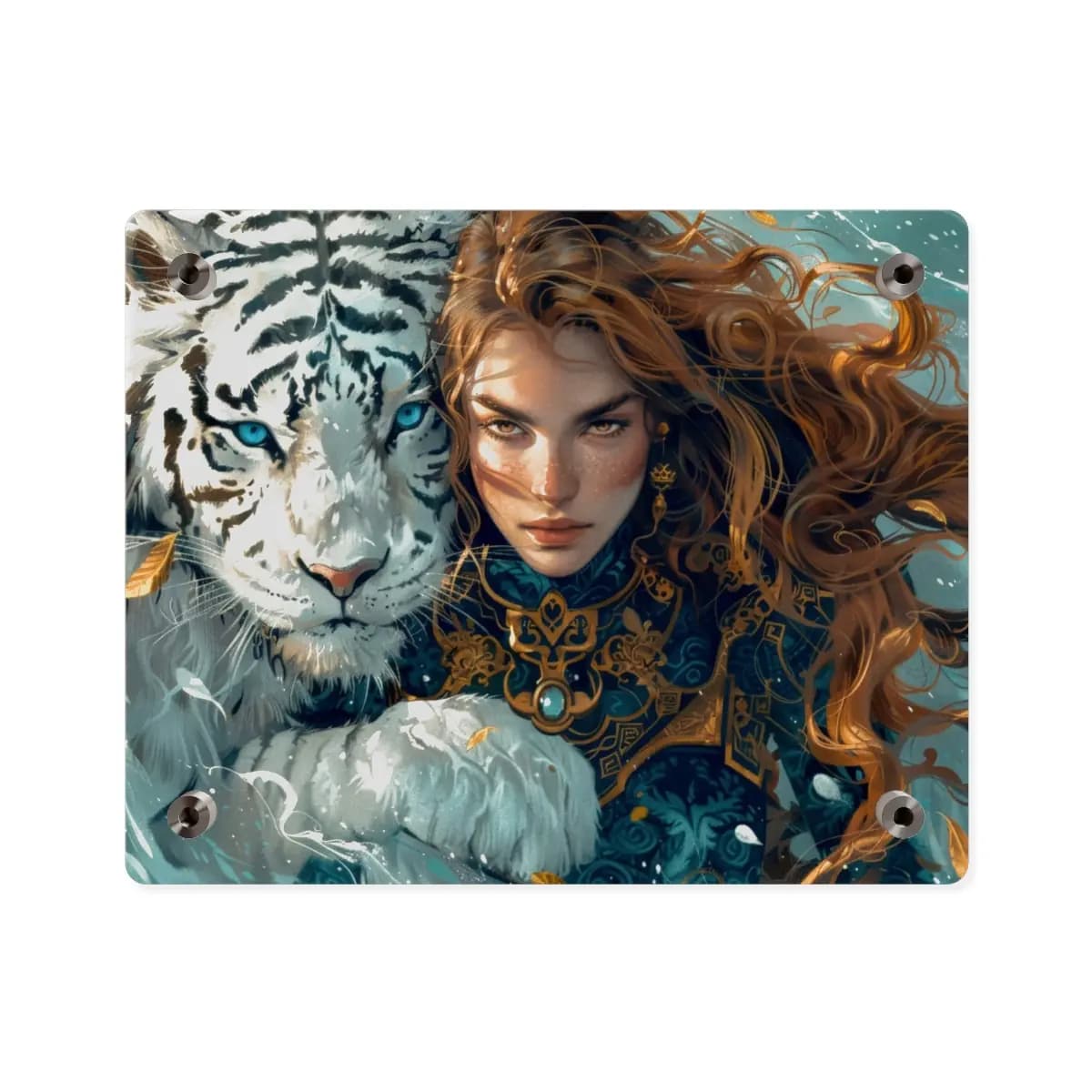Warrior Woman and White Tiger with Ice-Blue Eyes - Acrylic Wall Art Panels mockup angle 2