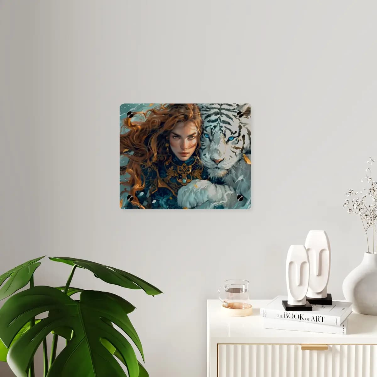 Warrior Woman and White Tiger with Ice-Blue Eyes - Acrylic Wall Art Panels mockup angle 3