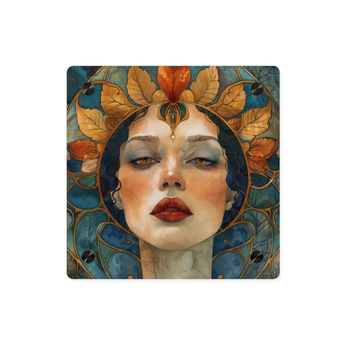 Golden-Leafed Goddess with Amber Gaze - Acrylic Wall Art Panels mockup angle 1