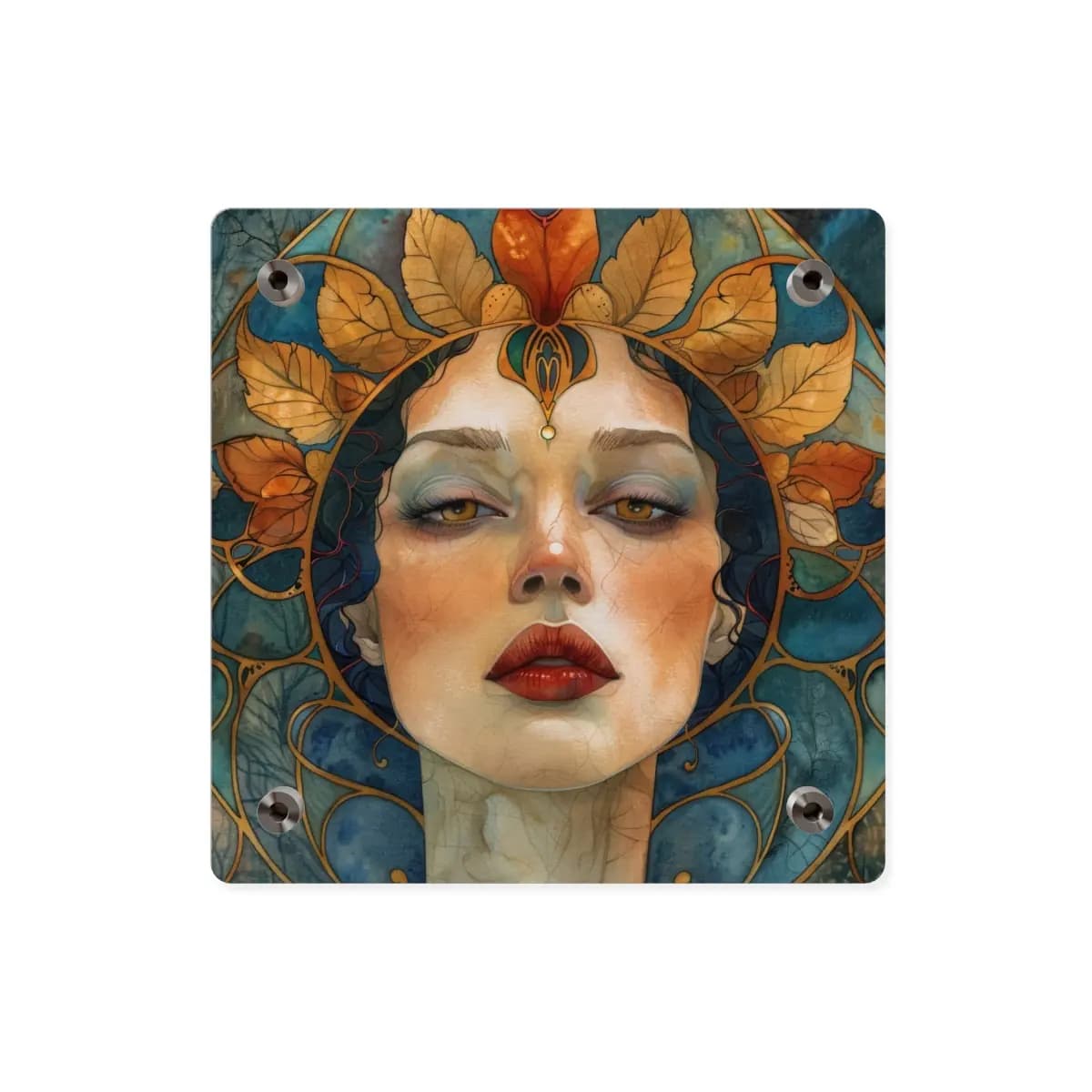 Golden-Leafed Goddess with Amber Gaze - Acrylic Wall Art Panels mockup angle 2