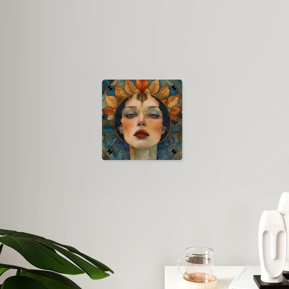 Golden-Leafed Goddess with Amber Gaze - Acrylic Wall Art Panels mockup angle 3