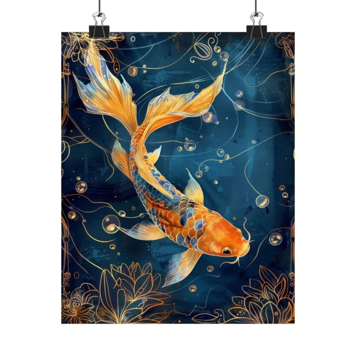 Golden Koi Fish Adrift in Deep Blue Waters - Matte Vertical Posters mockup angle 1
