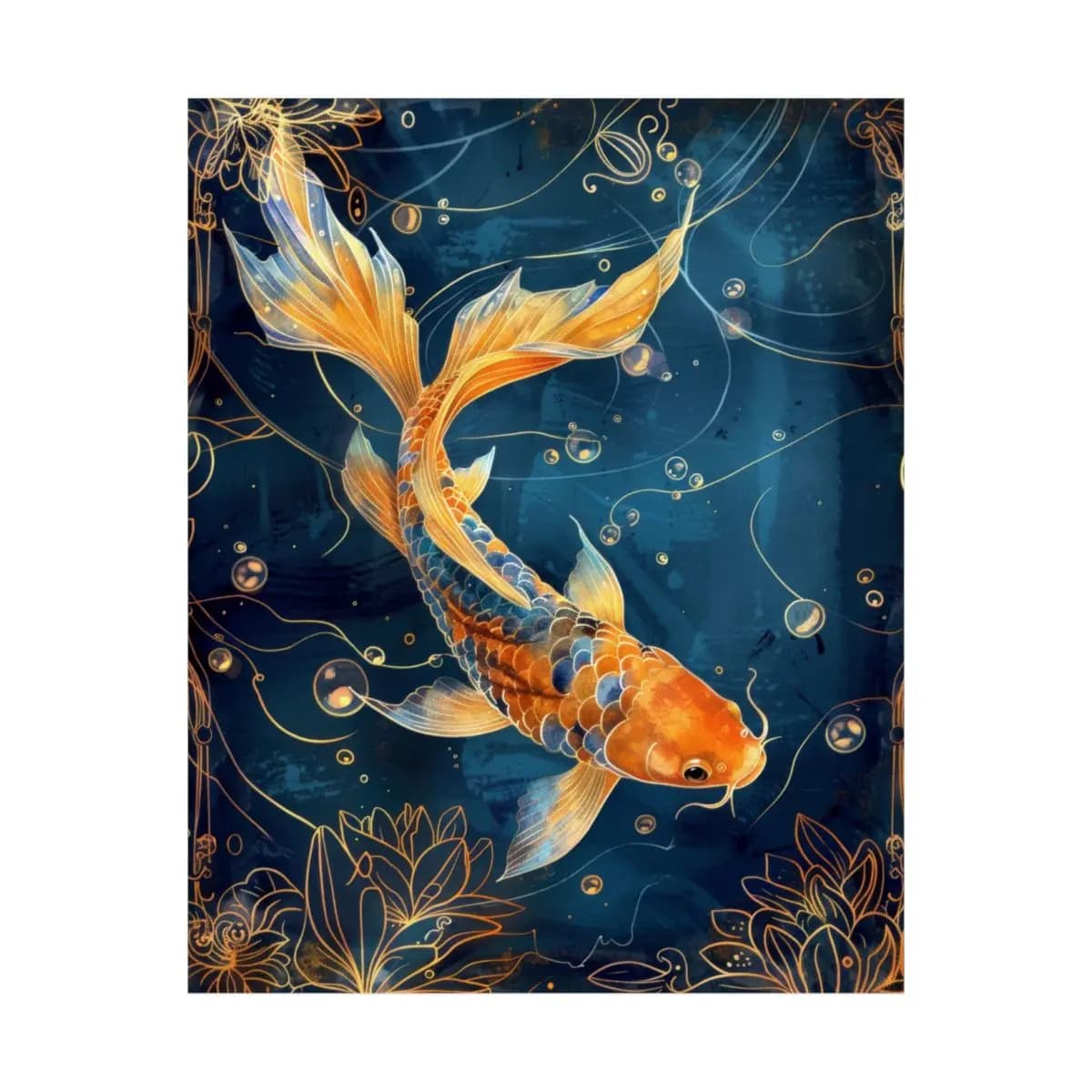 Golden Koi Fish Adrift in Deep Blue Waters - Matte Vertical Posters mockup angle 2