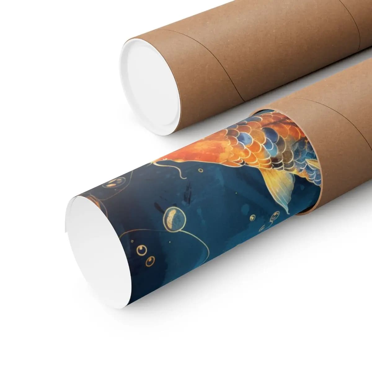 Golden Koi Fish Adrift in Deep Blue Waters - Matte Vertical Posters mockup angle 3