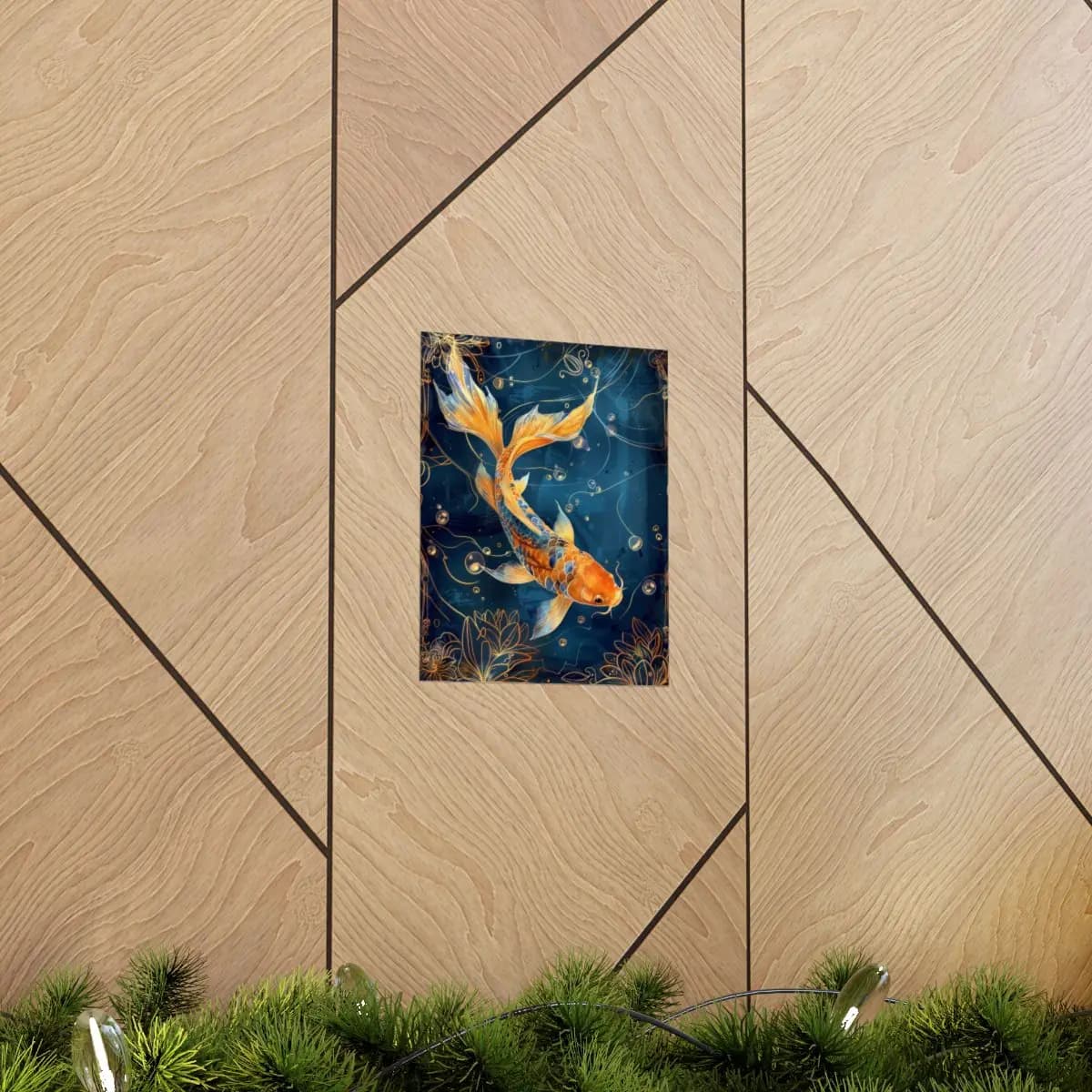 Golden Koi Fish Adrift in Deep Blue Waters - Matte Vertical Posters mockup angle 5
