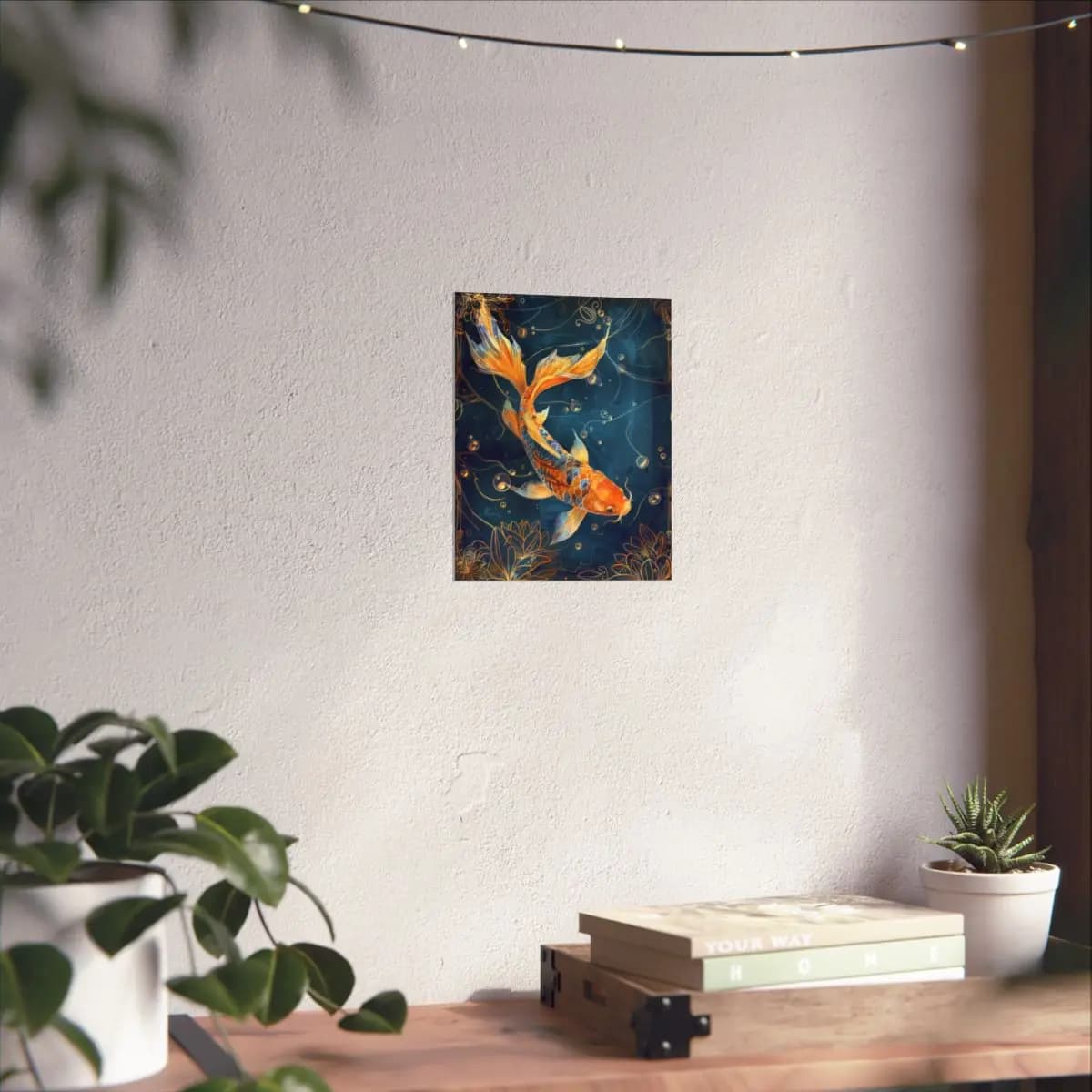 Golden Koi Fish Adrift in Deep Blue Waters - Matte Vertical Posters mockup angle 6