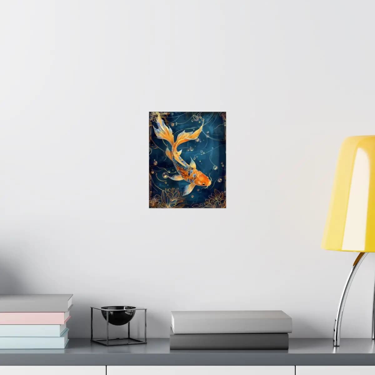 Golden Koi Fish Adrift in Deep Blue Waters - Matte Vertical Posters mockup angle 8