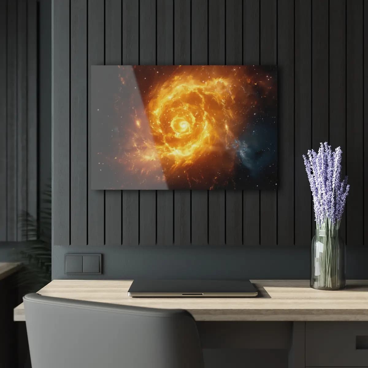 Fiery Spiral Galaxy Blazing Through Deep Space - Acrylic Prints (French Cleat Hanging) mockup angle 5