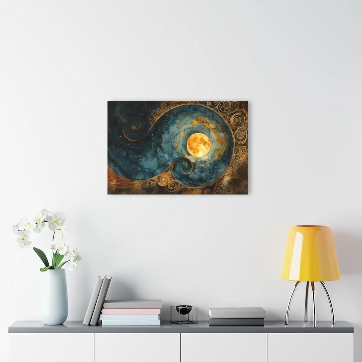 Golden Full Moon in a Swirling Celestial Sky - Acrylic Prints (French Cleat Hanging) mockup angle 4