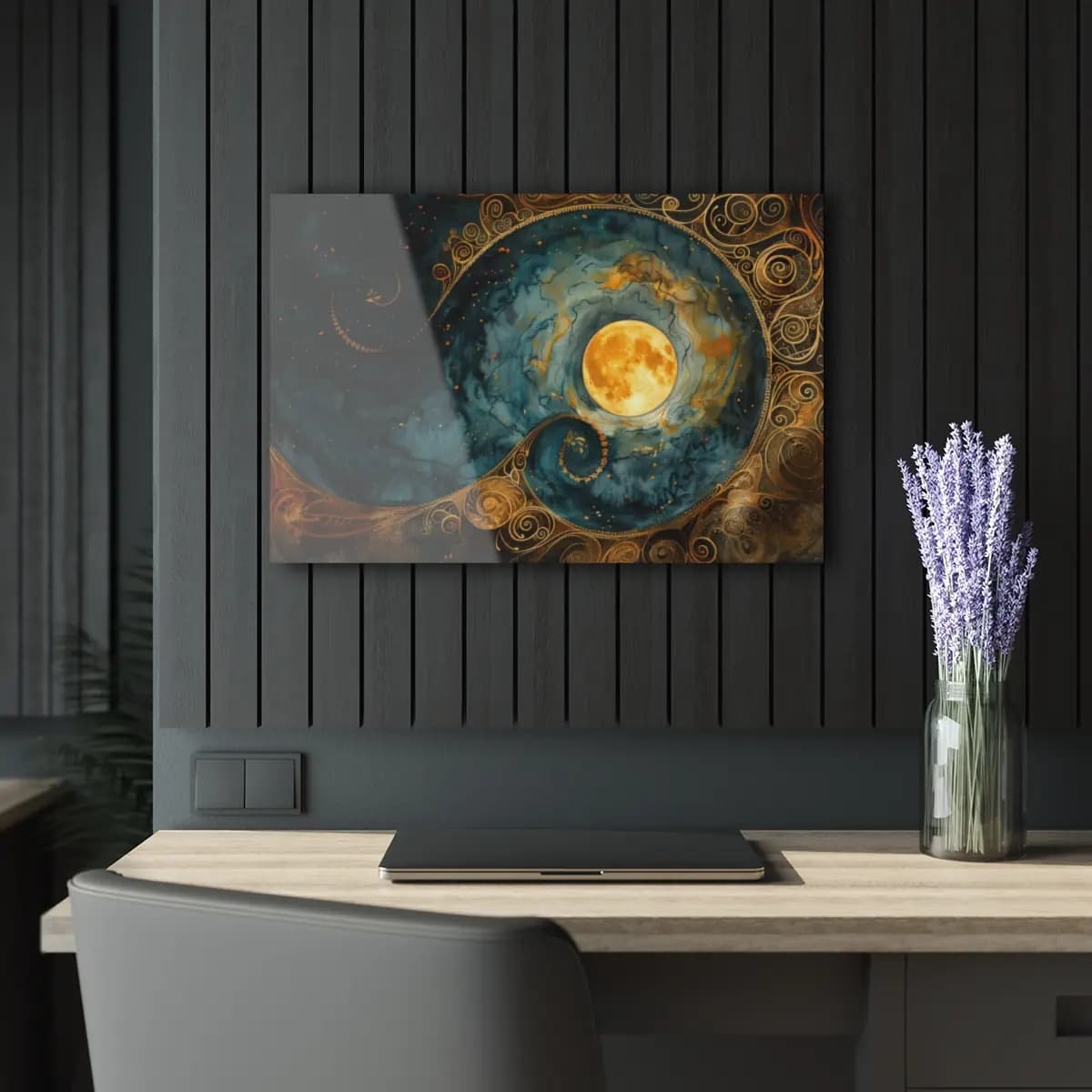 Golden Full Moon in a Swirling Celestial Sky - Acrylic Prints (French Cleat Hanging) mockup angle 5