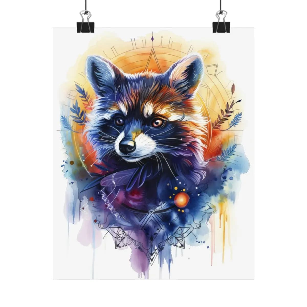 Mystic Raccoon with Feathers and Mandala - Matte Vertical Posters mockup angle 1