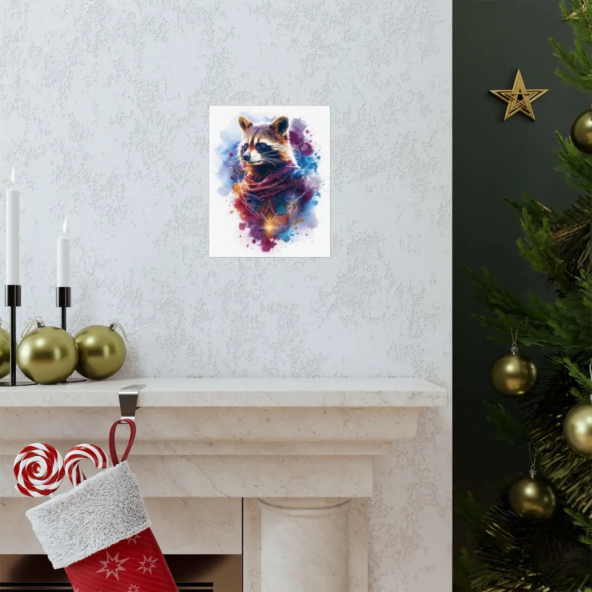 Celestial Raccoon with a Crimson Scarf - Matte Vertical Posters mockup angle 7