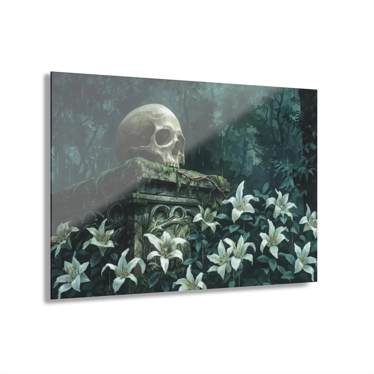 Skull on Stone Pedestal in a Rainy Forest Garden - Acrylic Prints (French Cleat Hanging) mockup angle 1