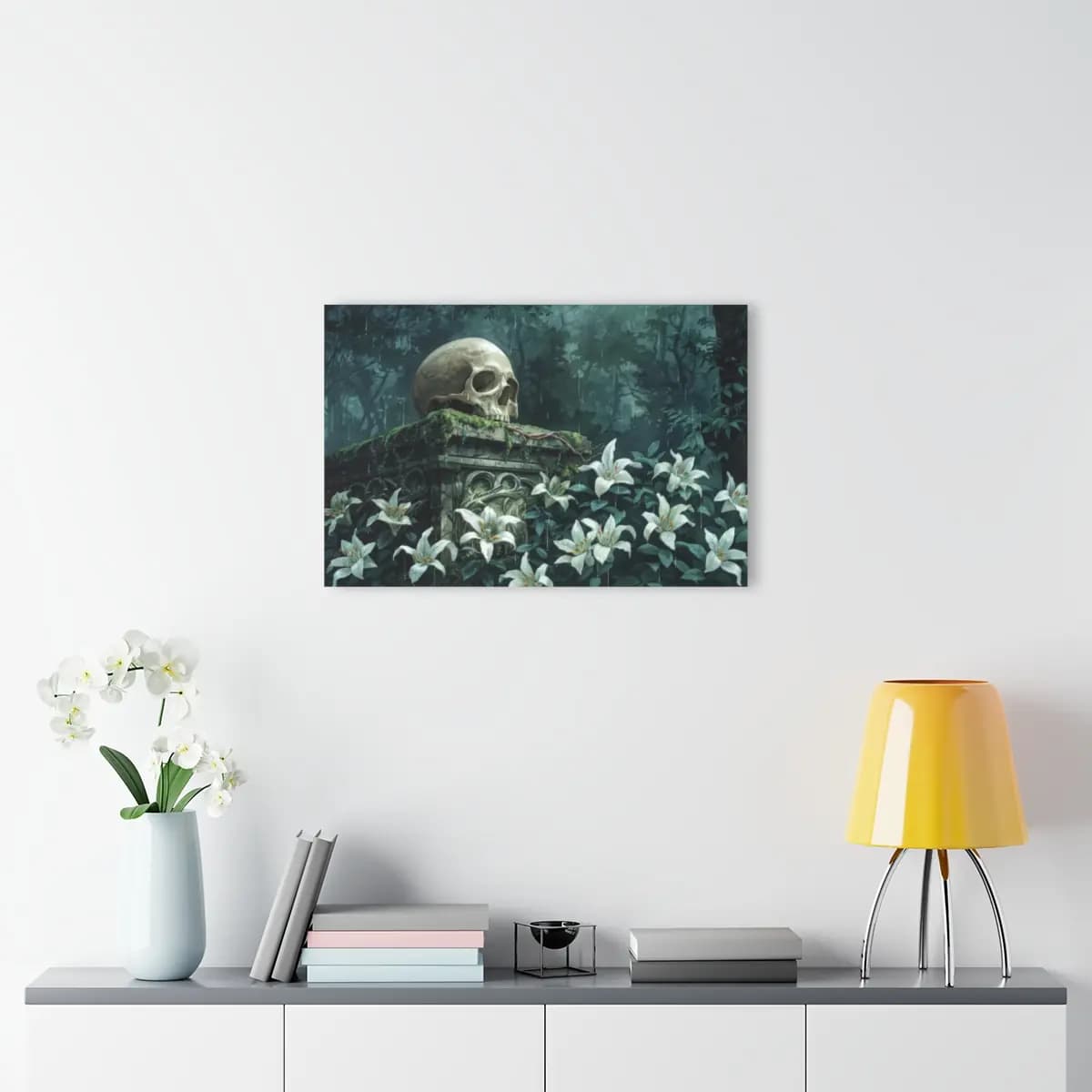 Skull on Stone Pedestal in a Rainy Forest Garden - Acrylic Prints (French Cleat Hanging) mockup angle 4