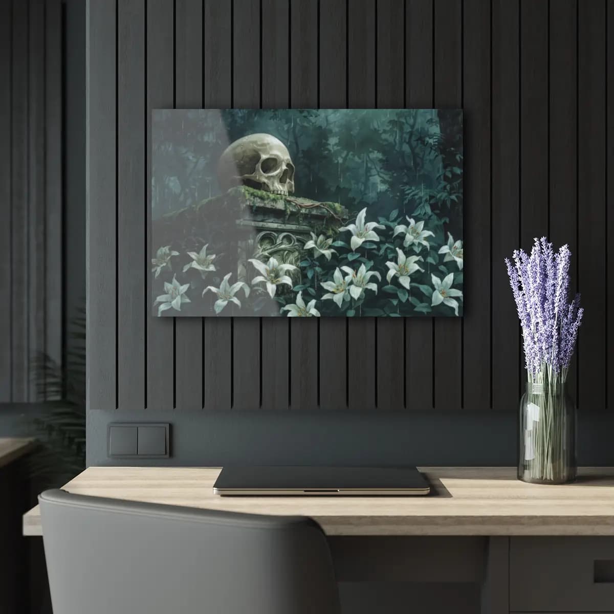 Skull on Stone Pedestal in a Rainy Forest Garden - Acrylic Prints (French Cleat Hanging) mockup angle 5