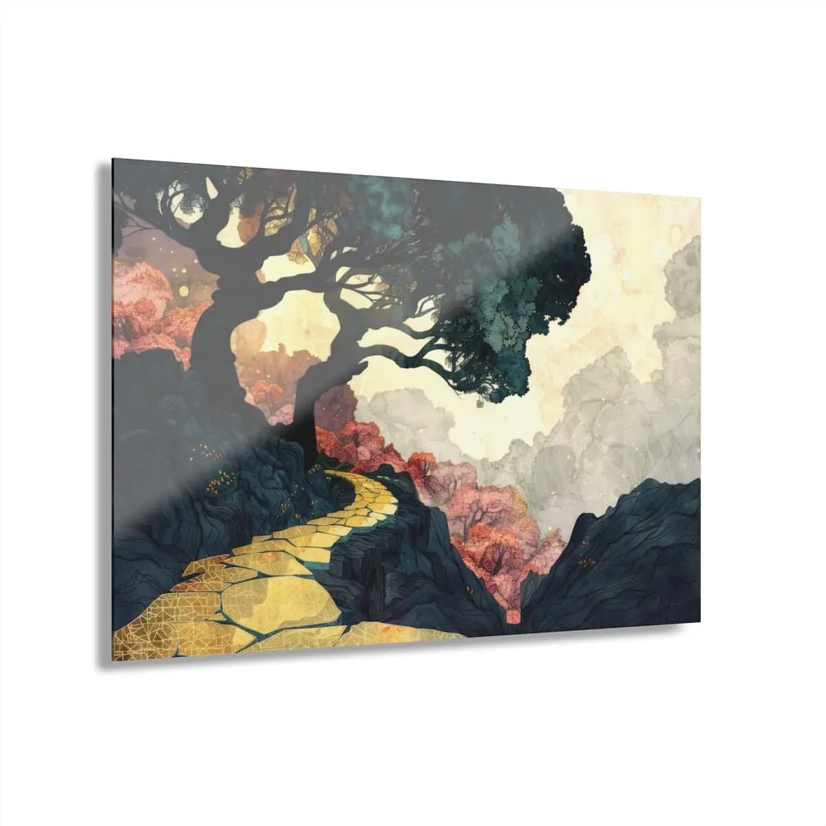 Golden Path Beneath the Mist-Crowned Tree - Acrylic Prints (French Cleat Hanging) mockup angle 1