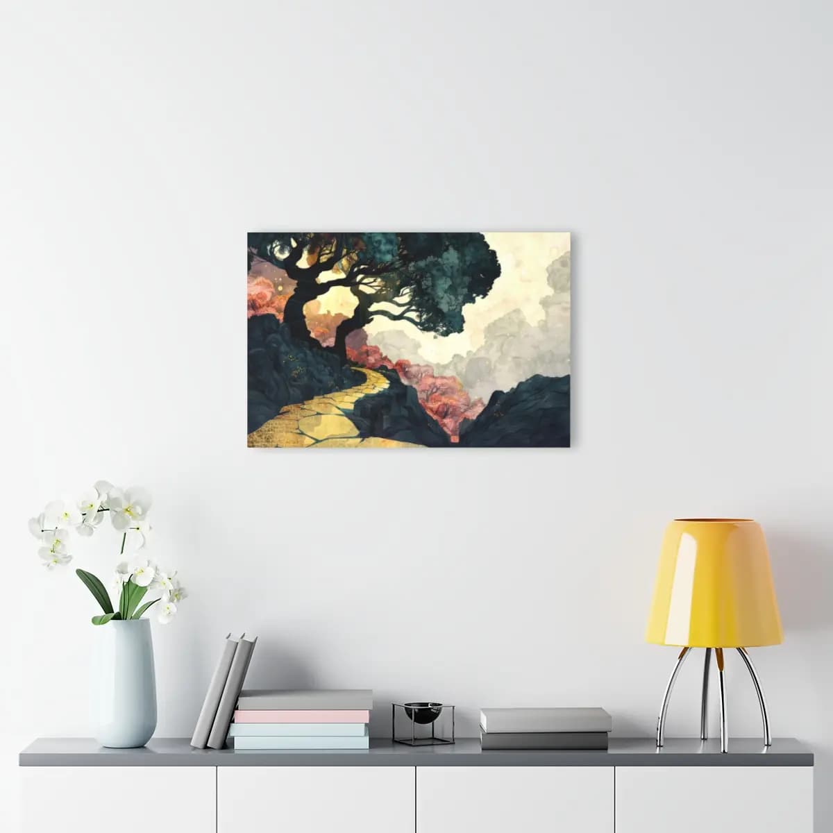 Golden Path Beneath the Mist-Crowned Tree - Acrylic Prints (French Cleat Hanging) mockup angle 4