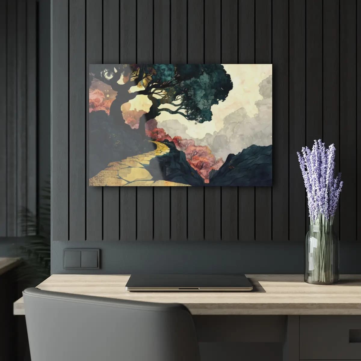 Golden Path Beneath the Mist-Crowned Tree - Acrylic Prints (French Cleat Hanging) mockup angle 5