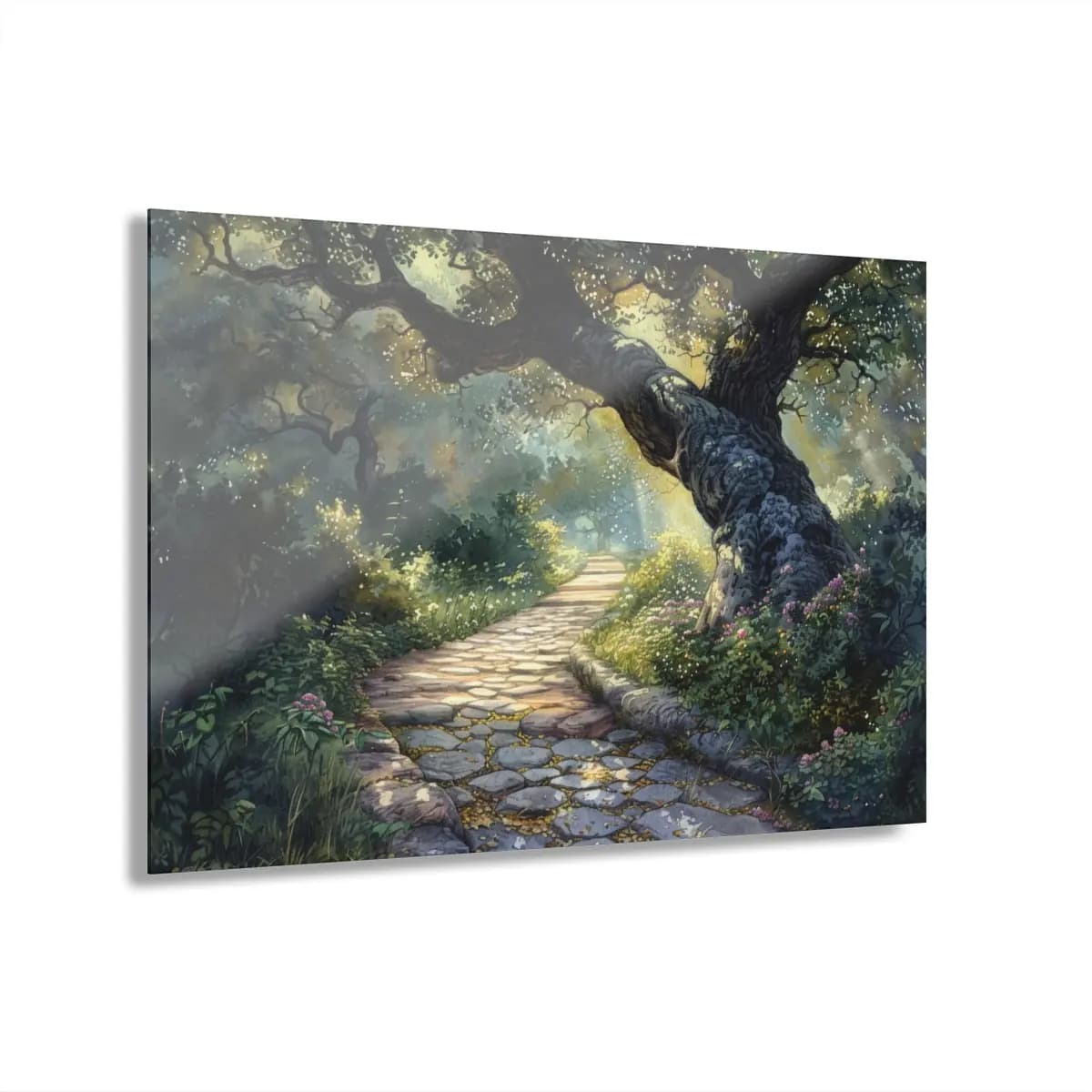 Stone Path Beneath an Ancient Enchanted Oak - Acrylic Prints (French Cleat Hanging) mockup angle 1