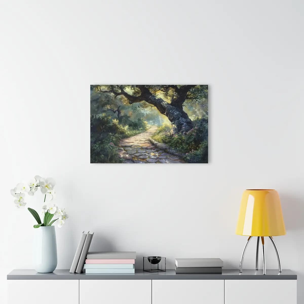 Stone Path Beneath an Ancient Enchanted Oak - Acrylic Prints (French Cleat Hanging) mockup angle 4