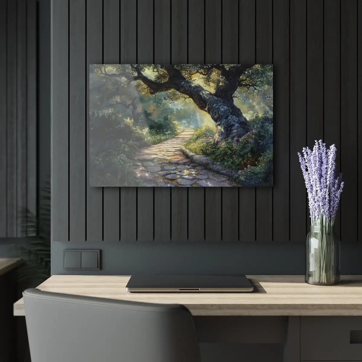 Stone Path Beneath an Ancient Enchanted Oak - Acrylic Prints (French Cleat Hanging) mockup angle 5