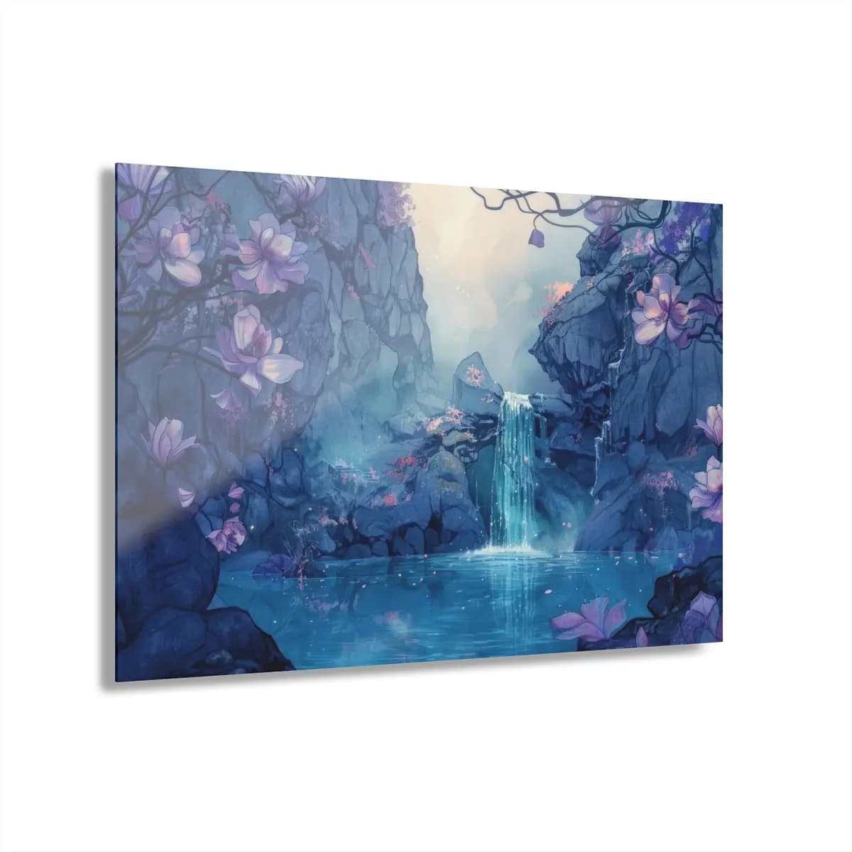 Enchanted Waterfall Among Violet Magnolias - Acrylic Prints (French Cleat Hanging) mockup angle 1