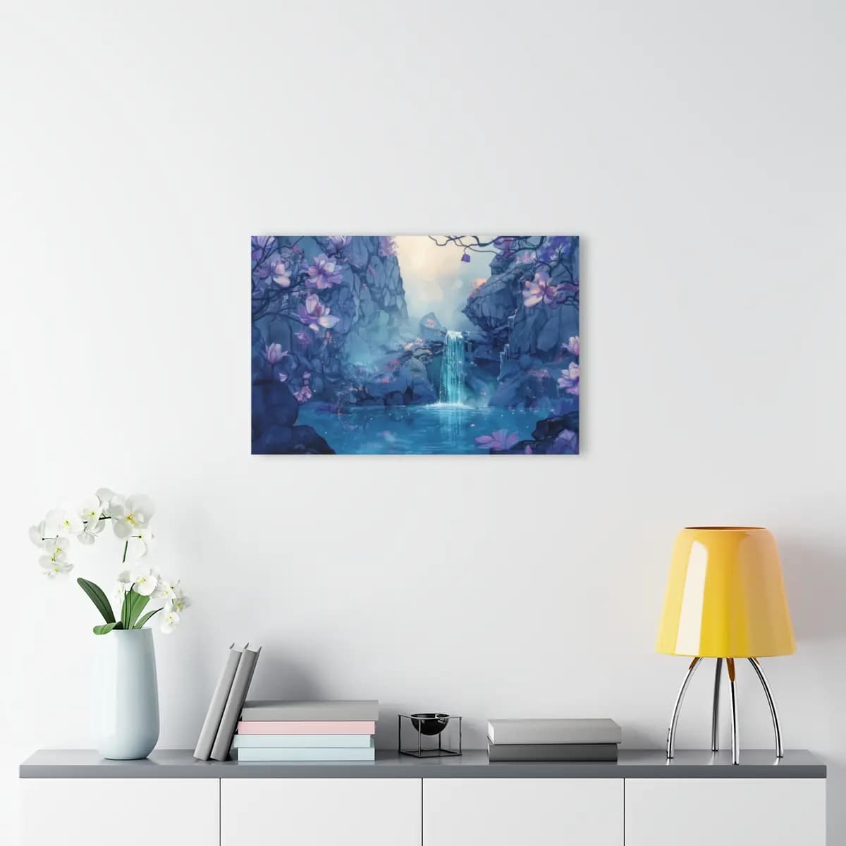 Enchanted Waterfall Among Violet Magnolias - Acrylic Prints (French Cleat Hanging) mockup angle 4