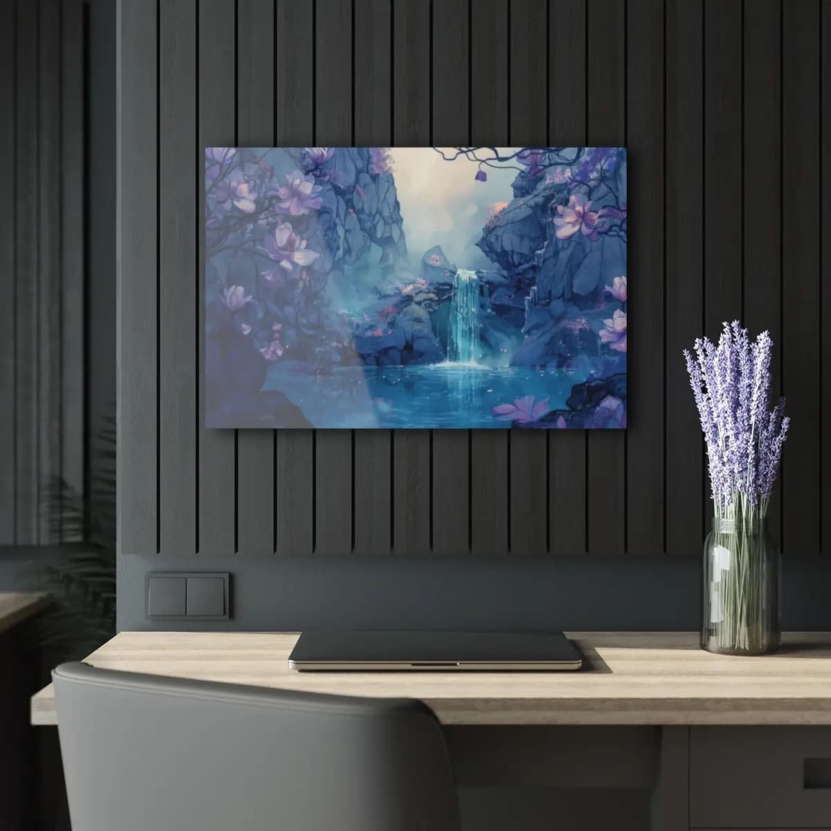 Enchanted Waterfall Among Violet Magnolias - Acrylic Prints (French Cleat Hanging) mockup angle 5