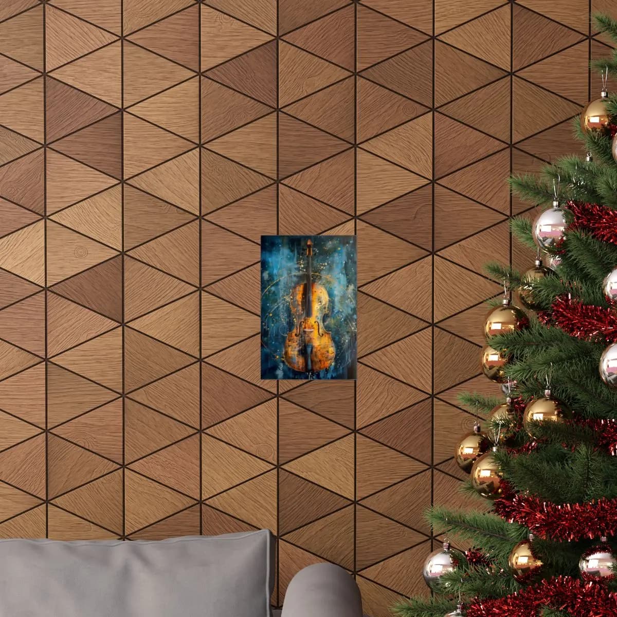 Golden Cello Ablaze Against a Tempest of Blue - Matte Vertical Posters mockup angle 4