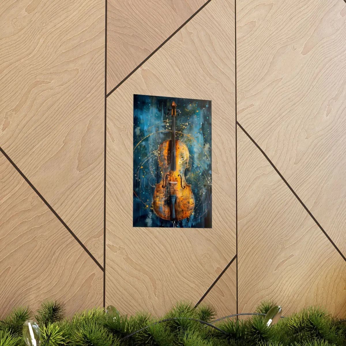 Golden Cello Ablaze Against a Tempest of Blue - Matte Vertical Posters mockup angle 5