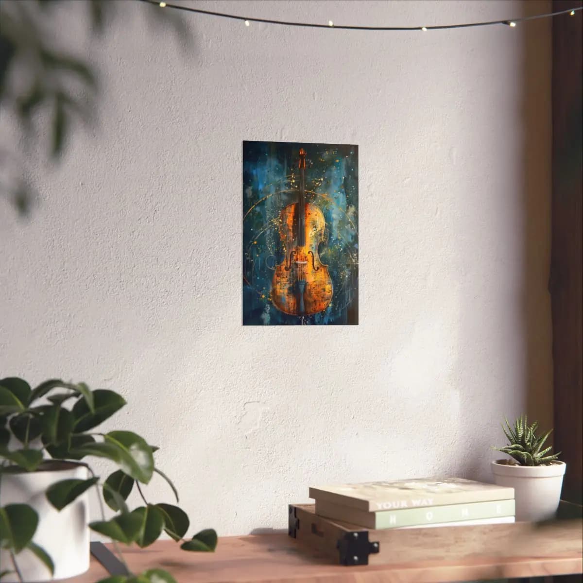 Golden Cello Ablaze Against a Tempest of Blue - Matte Vertical Posters mockup angle 6