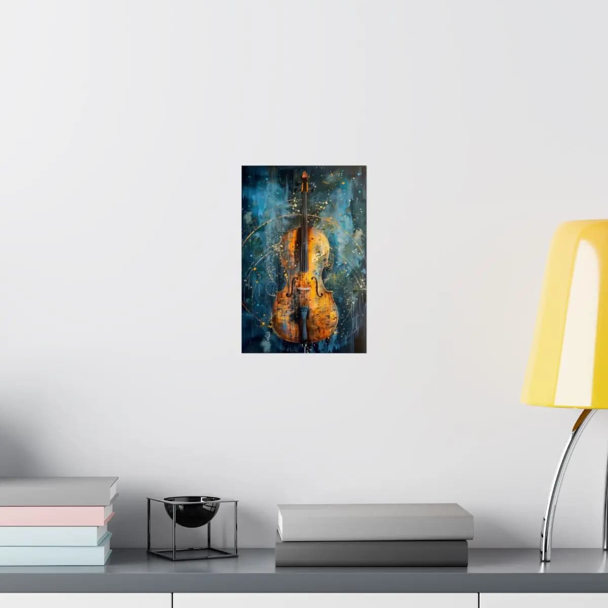 Golden Cello Ablaze Against a Tempest of Blue - Matte Vertical Posters mockup angle 8
