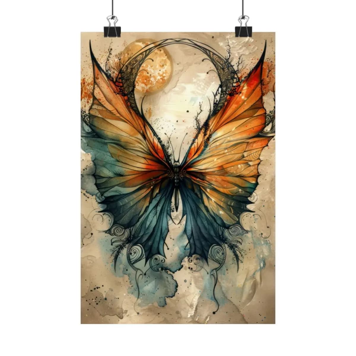 Mystic Butterfly Beneath a Golden Moon - Matte Vertical Posters mockup angle 1