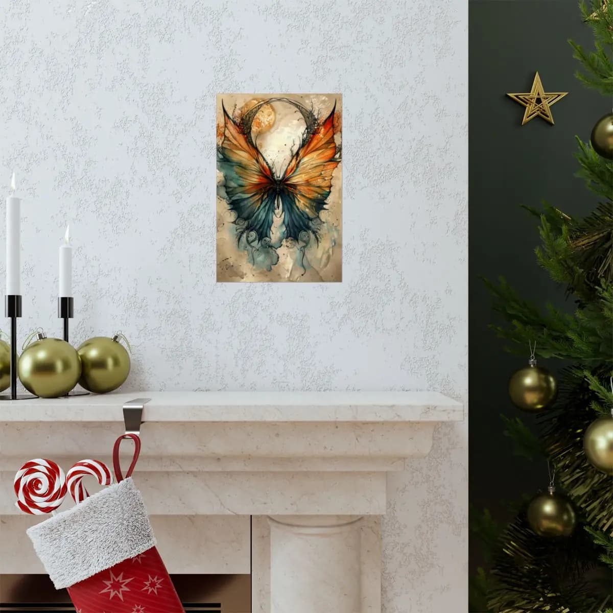 Mystic Butterfly Beneath a Golden Moon - Matte Vertical Posters mockup angle 7