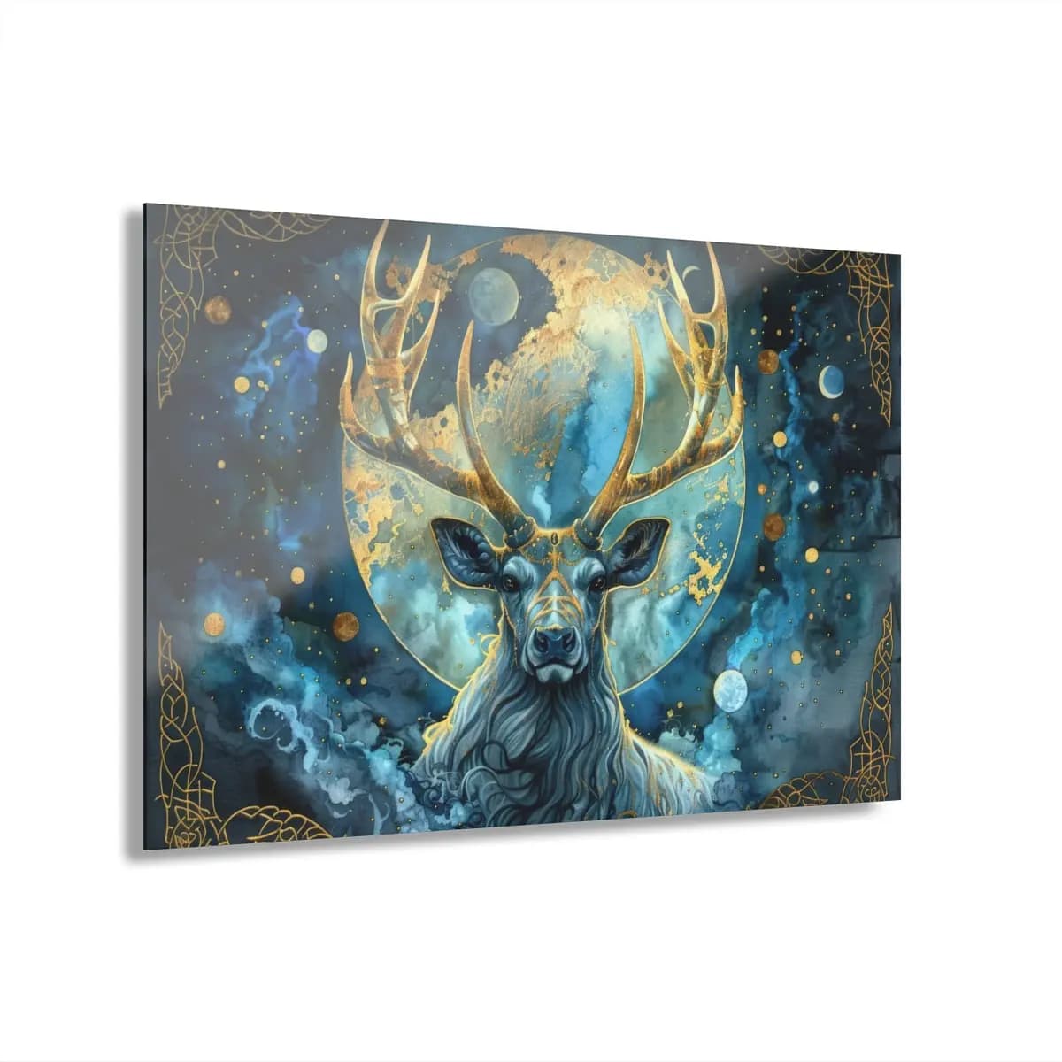 Celestial Stag Beneath the Golden Moon - Acrylic Prints (French Cleat Hanging) mockup angle 1