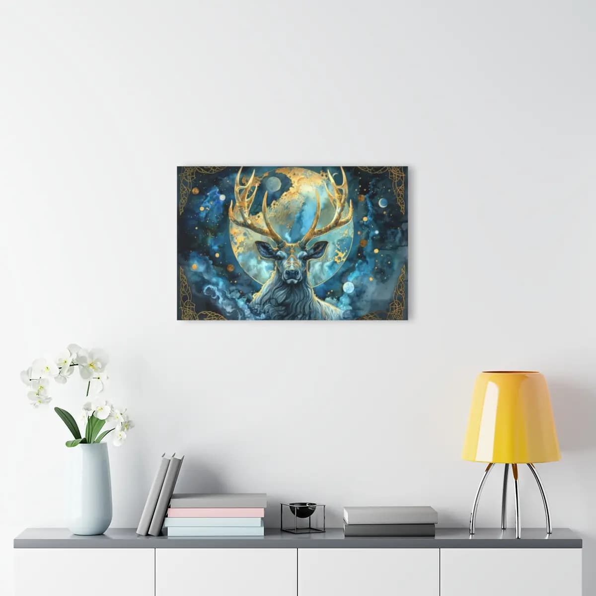 Celestial Stag Beneath the Golden Moon - Acrylic Prints (French Cleat Hanging) mockup angle 4
