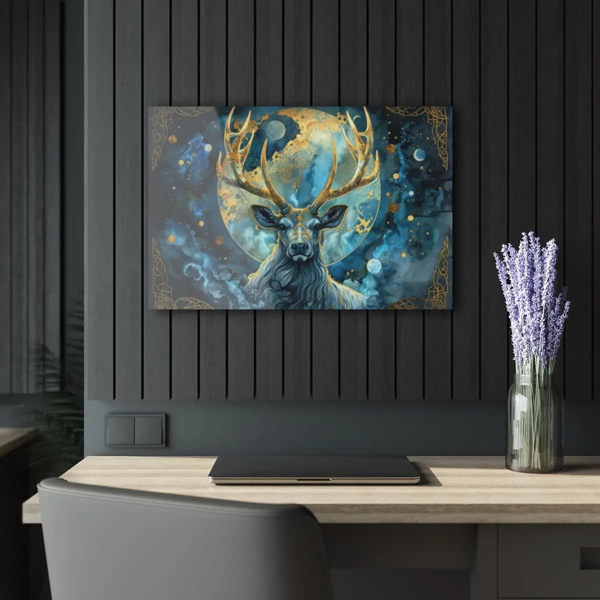 Celestial Stag Beneath the Golden Moon - Acrylic Prints (French Cleat Hanging) mockup angle 5