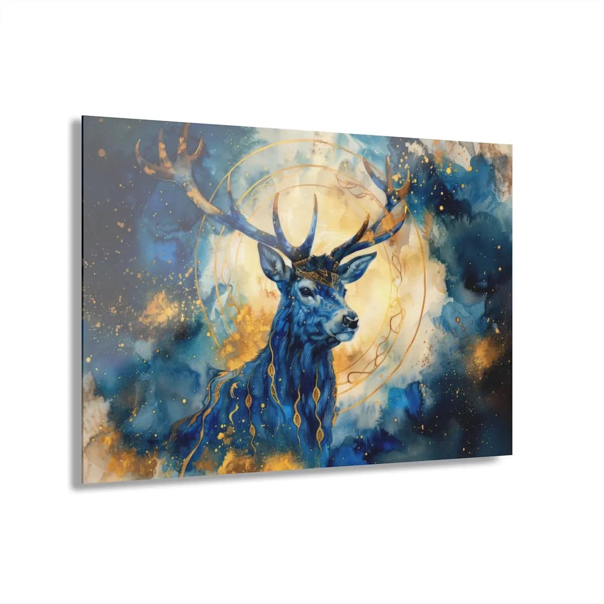 Crowned Celestial Stag Beneath a Golden Moon - Acrylic Prints (French Cleat Hanging) mockup angle 1