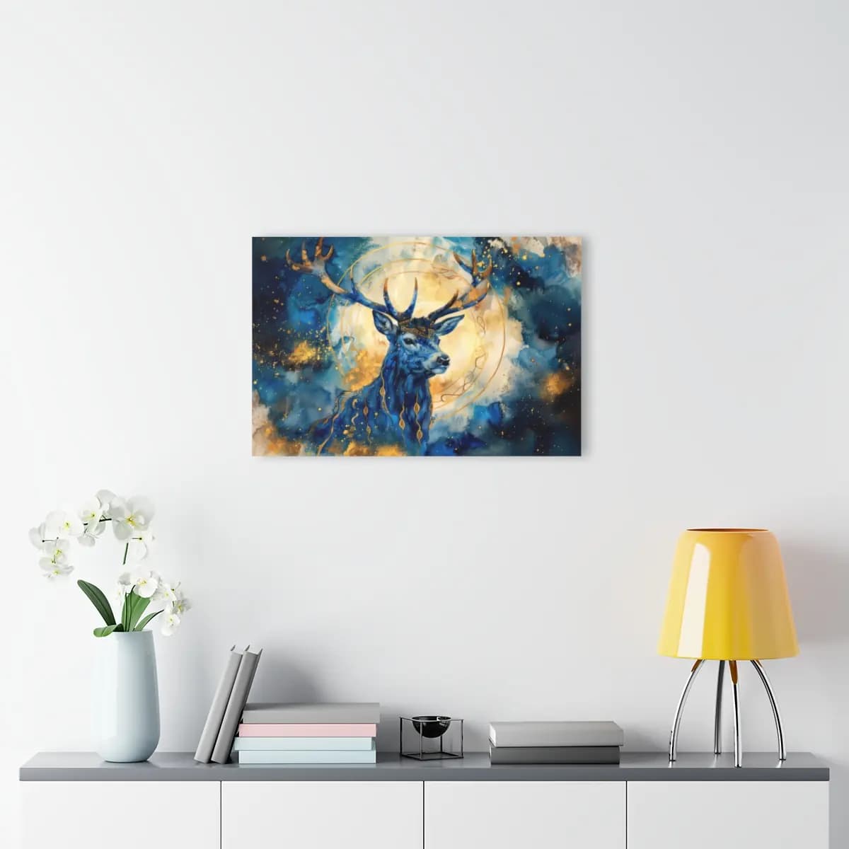 Crowned Celestial Stag Beneath a Golden Moon - Acrylic Prints (French Cleat Hanging) mockup angle 4