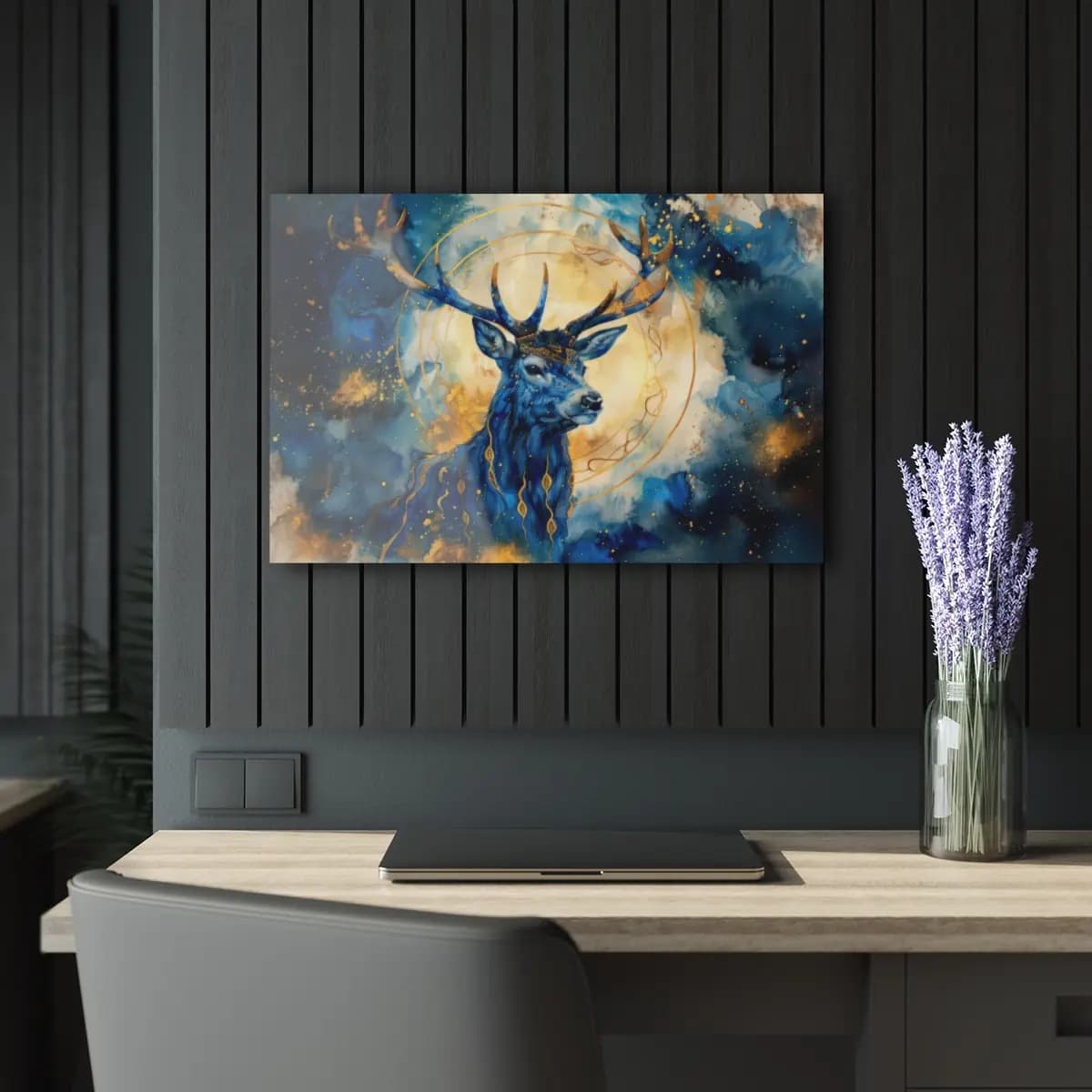 Crowned Celestial Stag Beneath a Golden Moon - Acrylic Prints (French Cleat Hanging) mockup angle 5
