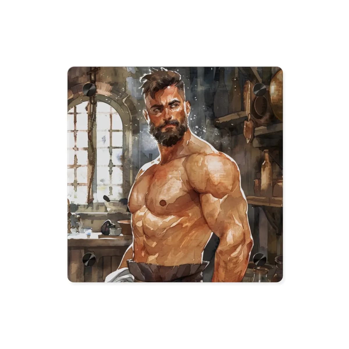 Muscular Bearded Man in a Medieval Workshop - Acrylic Wall Art Panels mockup angle 1