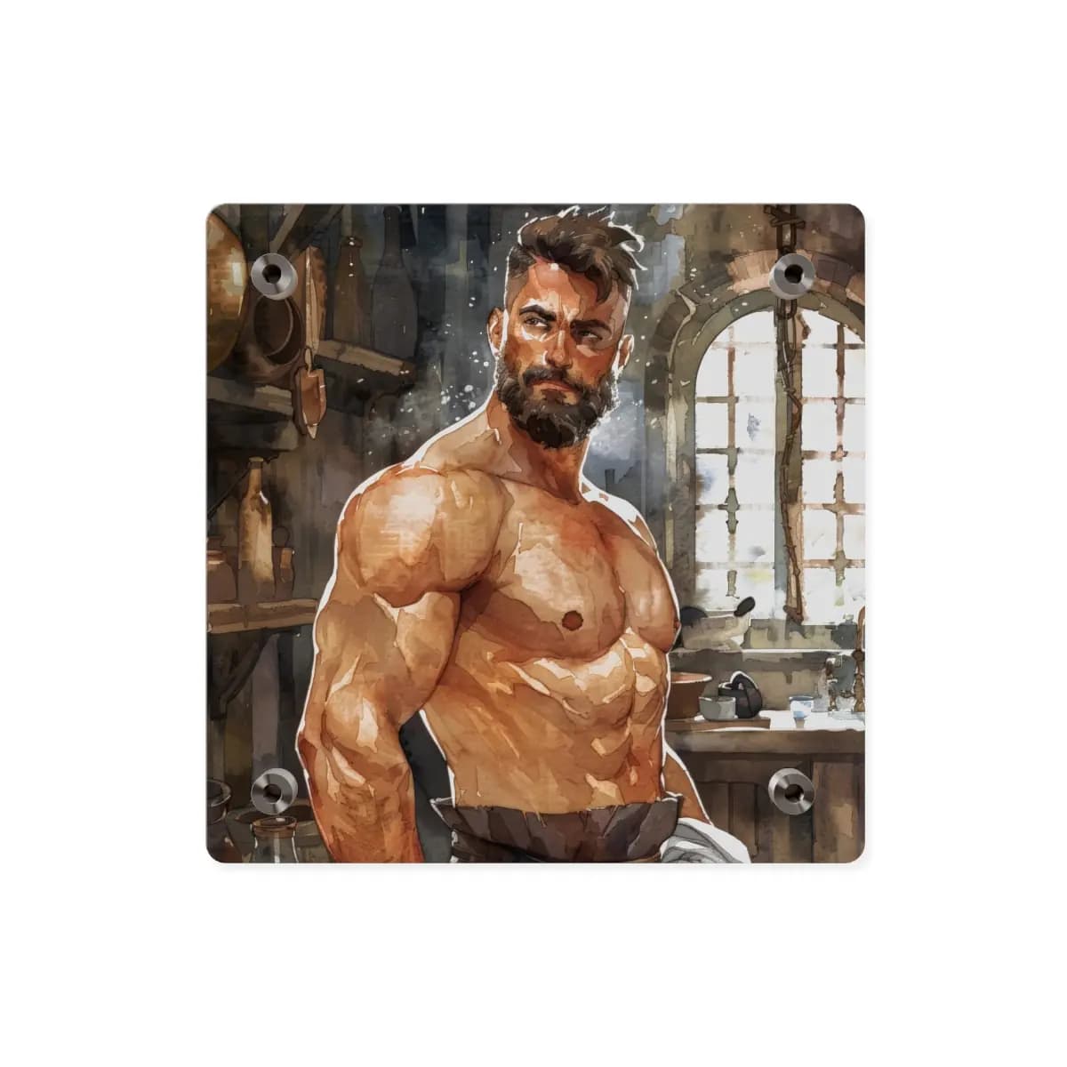 Muscular Bearded Man in a Medieval Workshop - Acrylic Wall Art Panels mockup angle 2